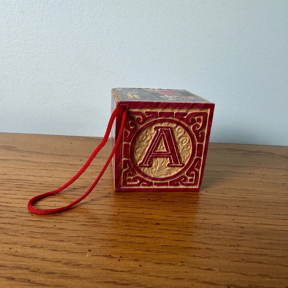 Vintage Christmas Alphabet Block‎ Ornament A B Santa Claus Scene Red Gold